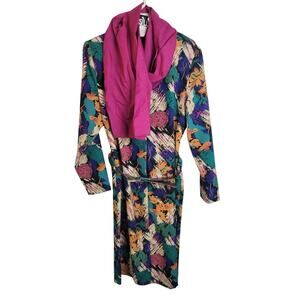 NWT VTG EJM Bold Green Blue Abstract Belted Dress with Scarf Women's‎ Size 6P